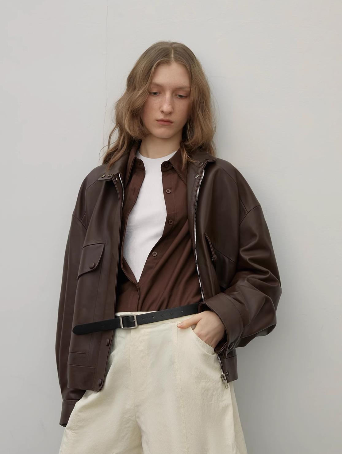 Brown Retro Genuine Leather Jacket Women's Motorcycle Sheep Leather Jacket Short "Loveless Muse" - NEWYORKLISTED