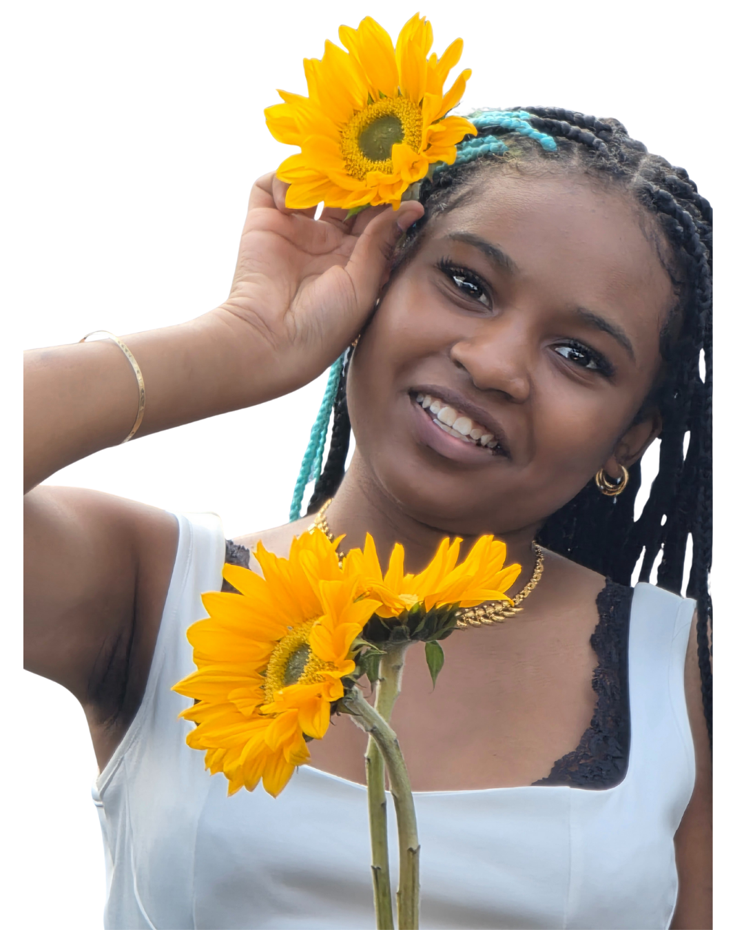 AMLA NATURALS: Woman holding sunflowers with a white background
