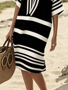 NEWYORKLISTED STYLE COLLECTION: Person wearing a black and white striped dress on a beach.