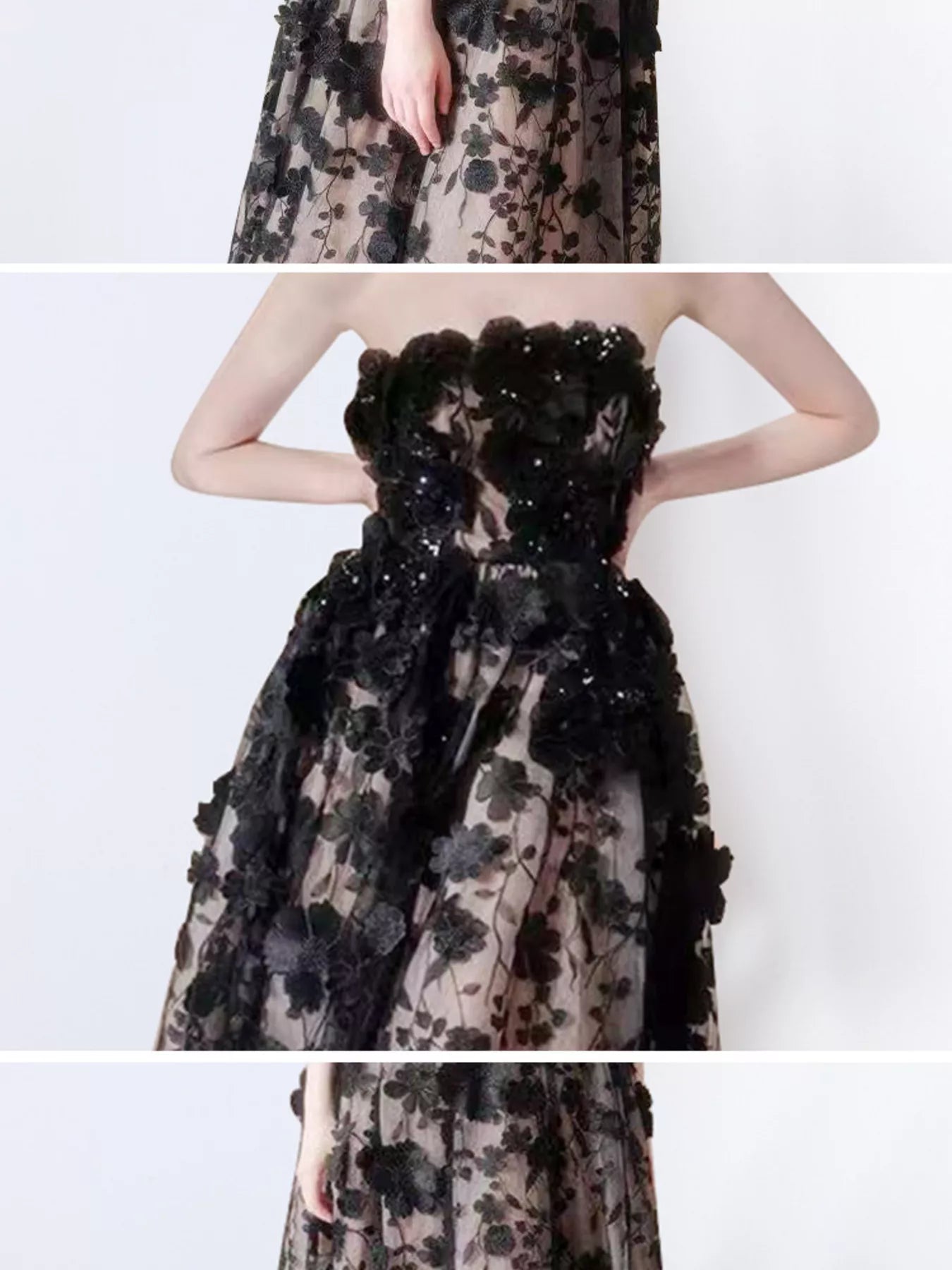 NEWYORKLISTED STYLE COLLECTION: Black floral dress with sheer overlay on a white background