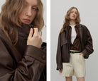 Brown Retro Genuine Leather Jacket Women's Motorcycle Sheep Leather Jacket Short "Loveless Muse" - NEWYORKLISTED