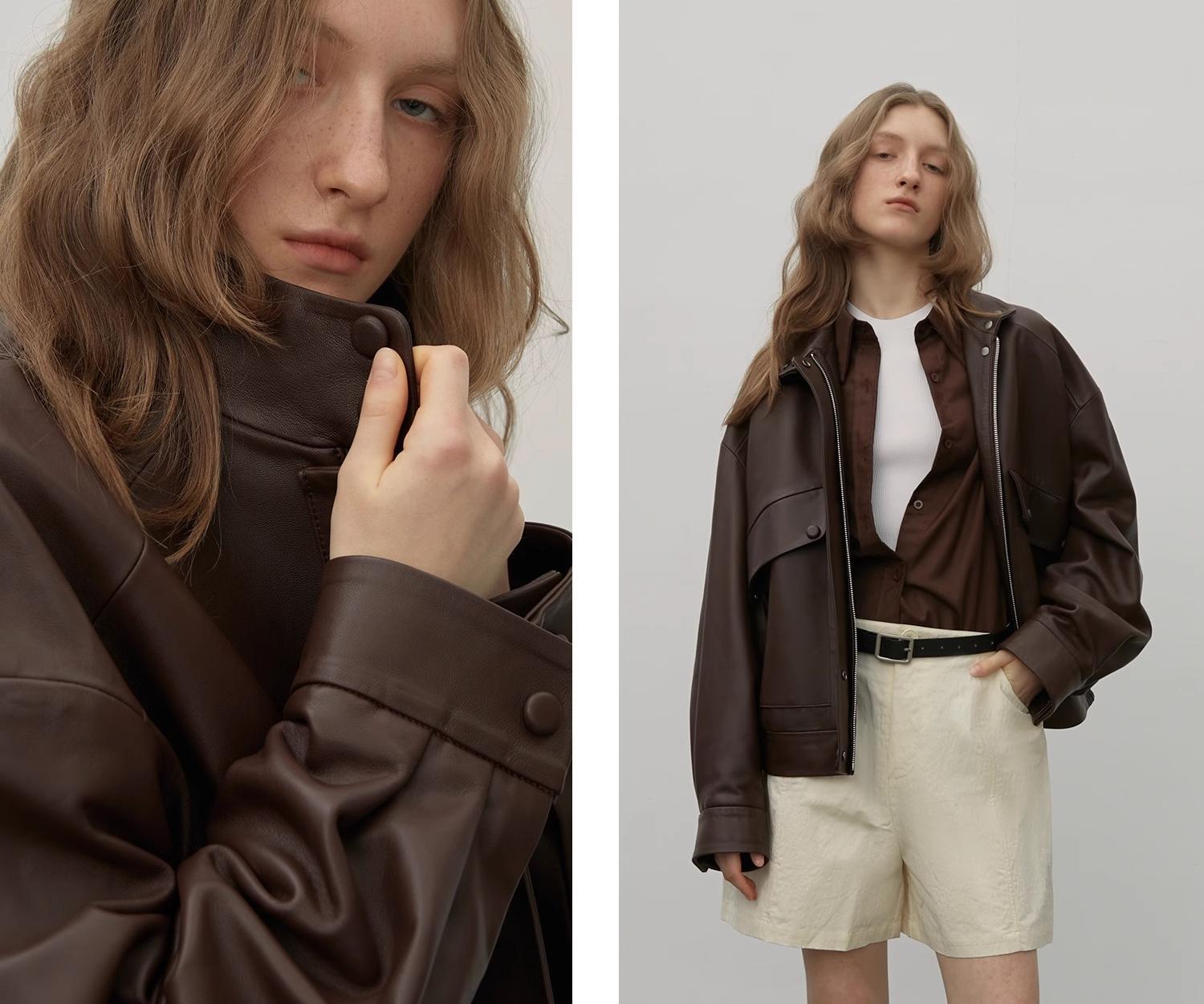 Brown Retro Genuine Leather Jacket Women's Motorcycle Sheep Leather Jacket Short "Loveless Muse" - NEWYORKLISTED