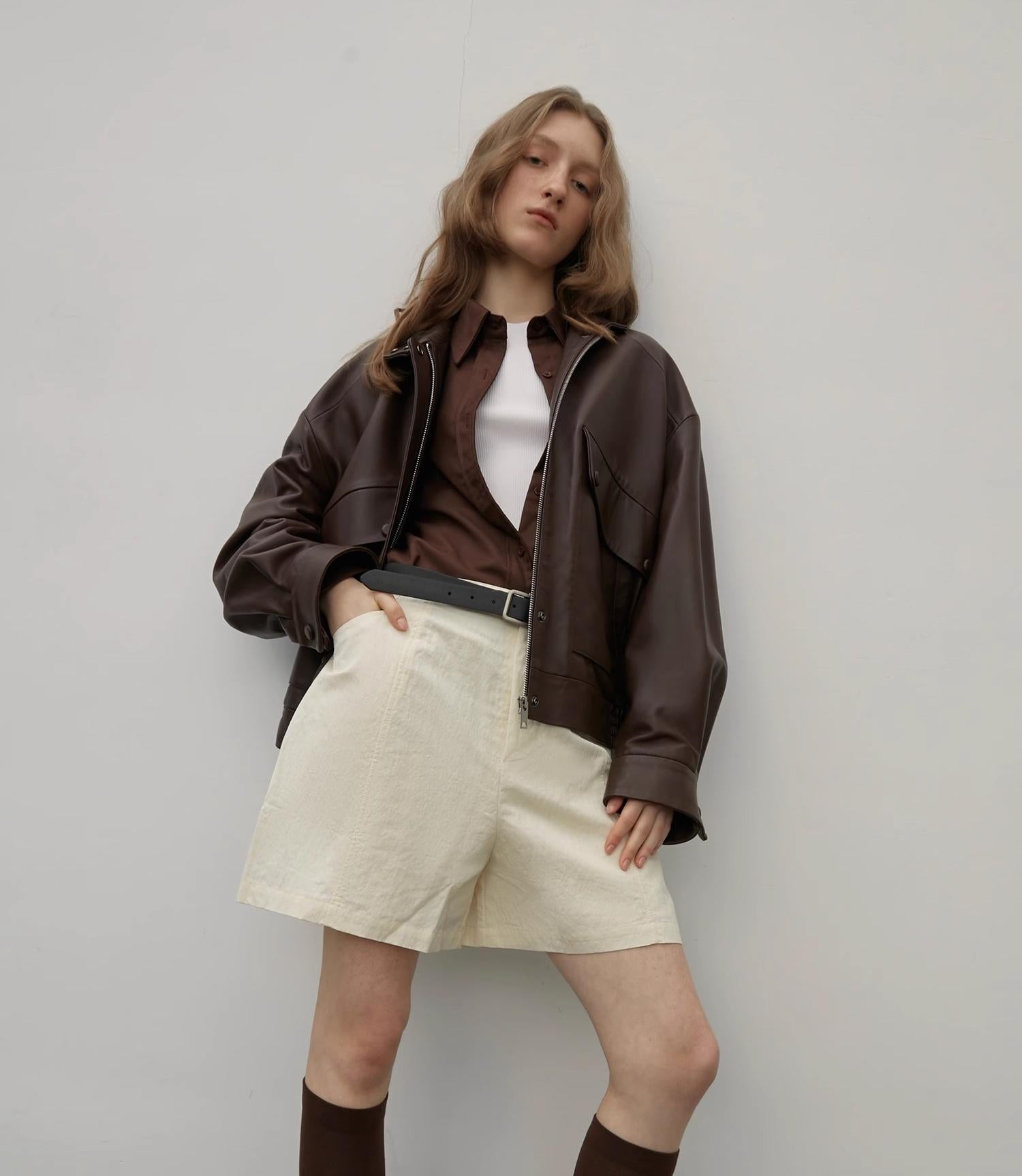 Brown Retro Genuine Leather Jacket Women's Motorcycle Sheep Leather Jacket Short "Loveless Muse" - NEWYORKLISTED