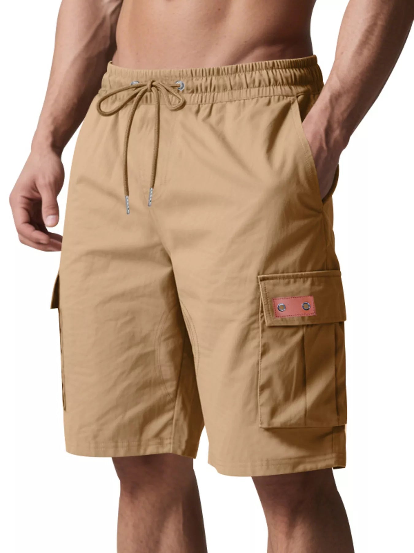 NEWYORKLISTED ATLAS MEN'S COLLECTION: Beige cargo shorts with a drawstring on a white background