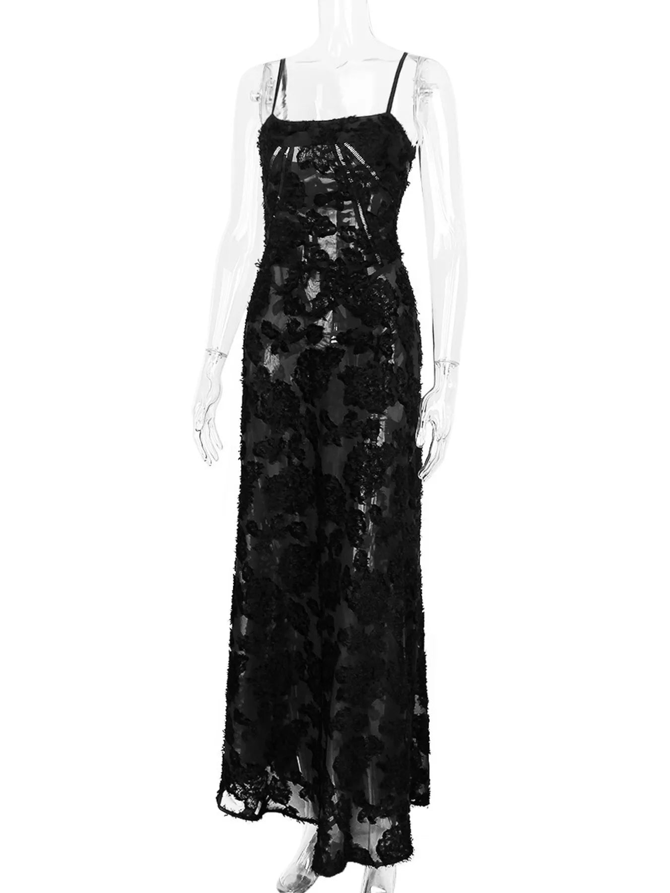 NEWYORKLISTED STYLE COLLECTION: Black floral dress on a mannequin against a white background
