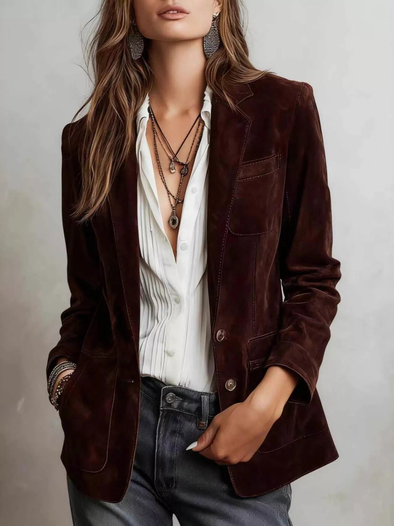 NEWYORKLISTED STYLE COLLECTION: Person wearing a brown blazer over a white shirt with a neutral background