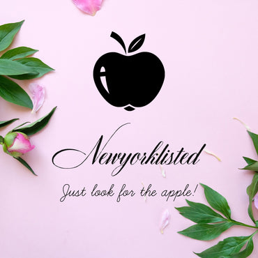 Black apple logo with 'Newyorklisted' text on a pink background with green leaves and flowers.