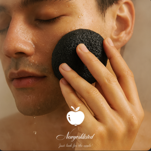 NEWYORKLISTED DIAMOND SPA COLLECTION: Person using a black exfoliating sponge on their face.
