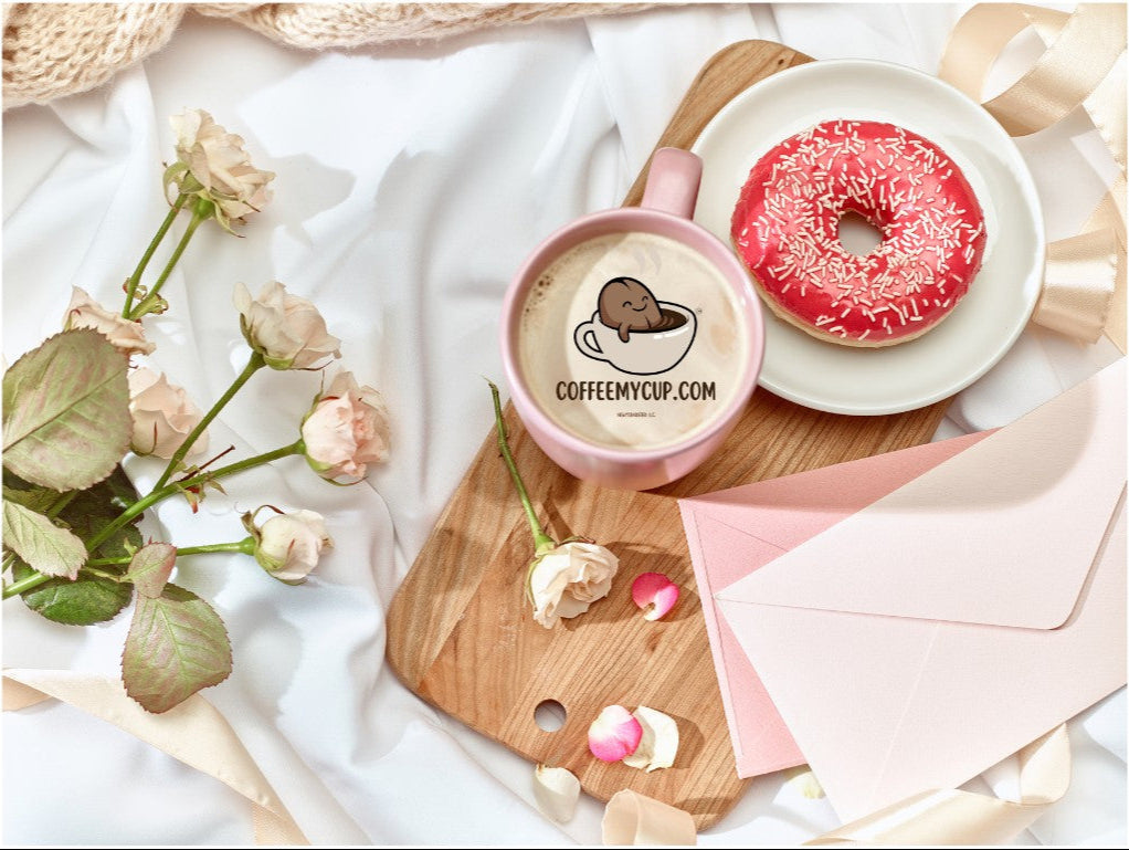 Coffee My Cup NEWYORKLISTED, LLC - Specialty Roast Coffee, image with Coffee My Cup logo with image of donut, and flowers on a white surface