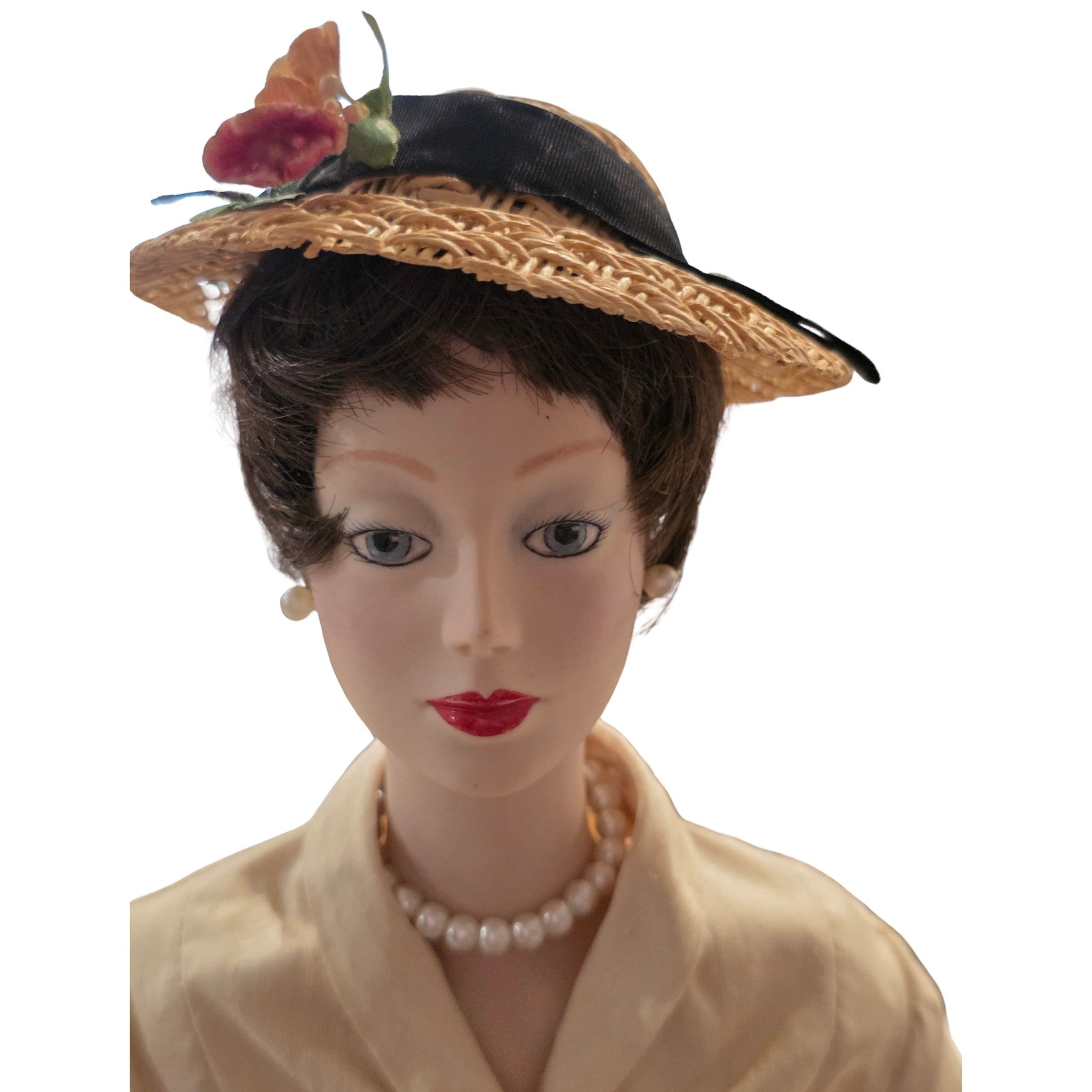 NEWYORKLISTED Unique Finds Collection: Vintage Dior fashion doll with authentic 1940s boater hat and pearl accessories