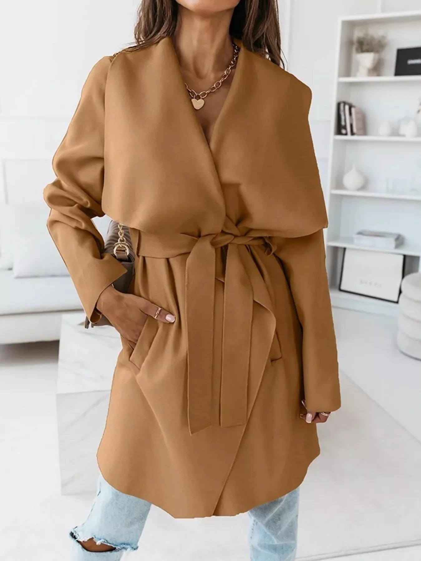 NEWYORKLISTED STYLE COLLECTION: Tie-Waist Long Sleeve Outerwear Coat — Elegant Belted Layering Jacket