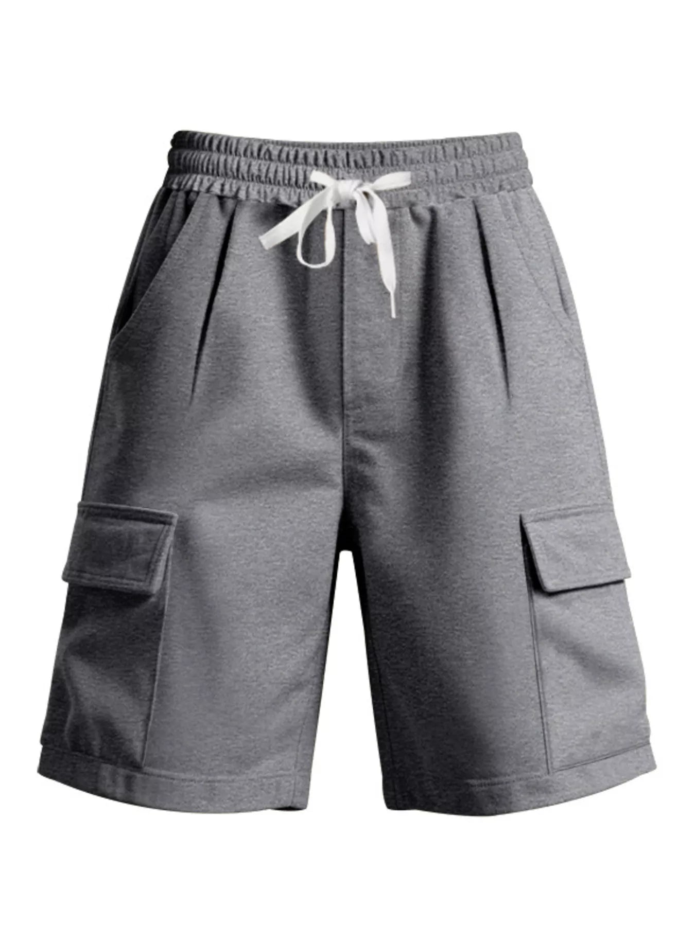 NEWYORKLISTED ATLAS MEN'S COLLECTION: Gray cargo shorts with pockets and a drawstring on a white background