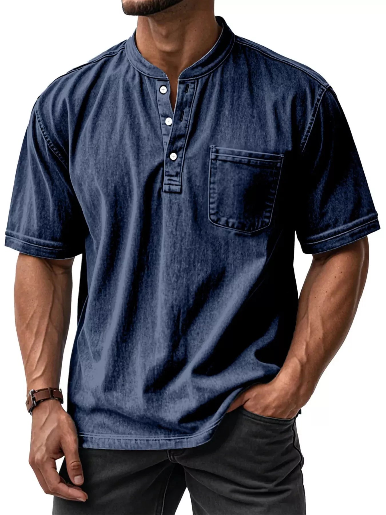 NEWYORKLISTED ATLAS MEN'S COLLECTION: Man wearing a blue denim shirt with a white background