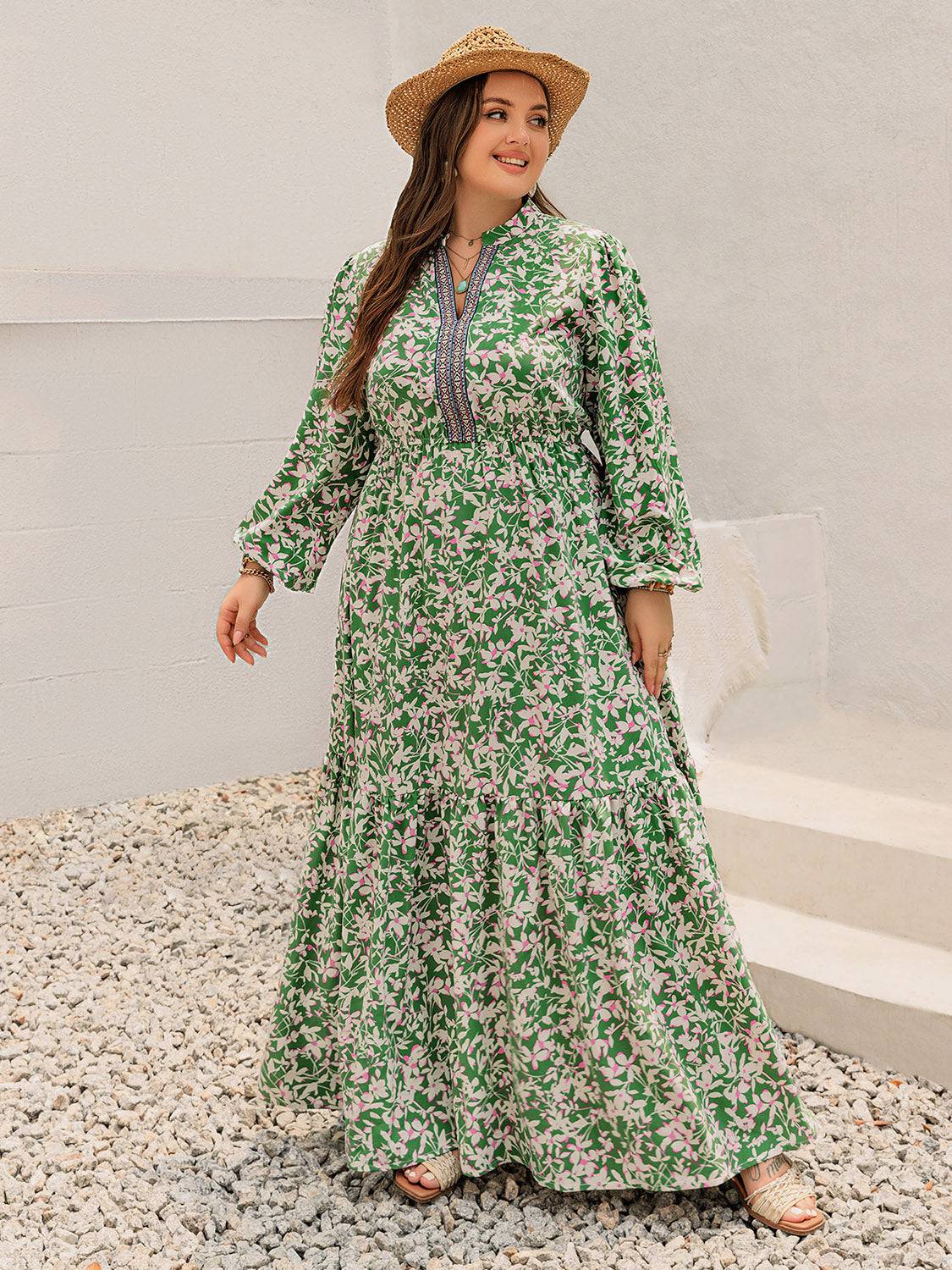 Plus Size Printed Notched Long Sleeve Maxi Dress - NEWYORKLISTED