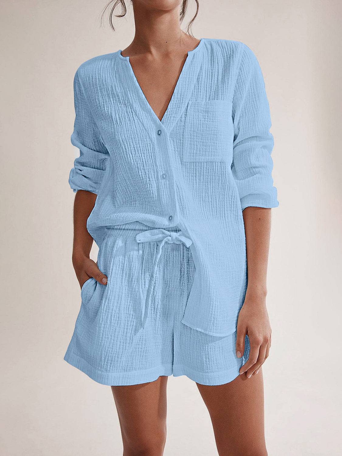 NYLD: Notched Long Sleeve Top and Shorts Set - NEWYORKLISTED
