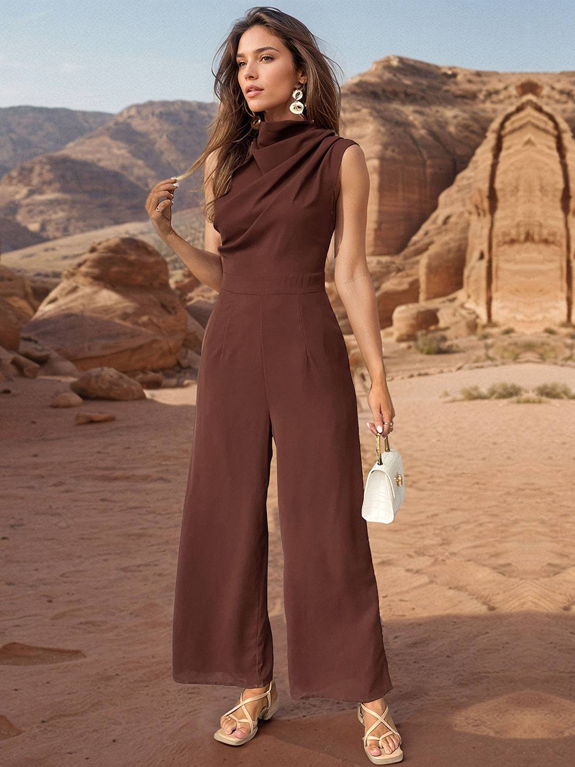 Perfee Ruched Mock Neck Sleeveless Jumpsuit - NEWYORKLISTED