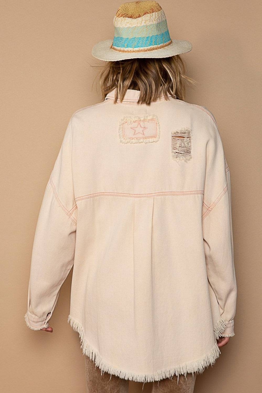 NYLD Button Down Raw Hem Distressed Shacket - NEWYORKLISTED