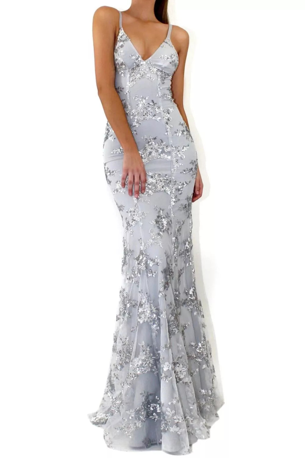 Sequin V-neck maxi dress with open back and elegant silhouette from the NEWYORKLISTED STYLE COLLECTION