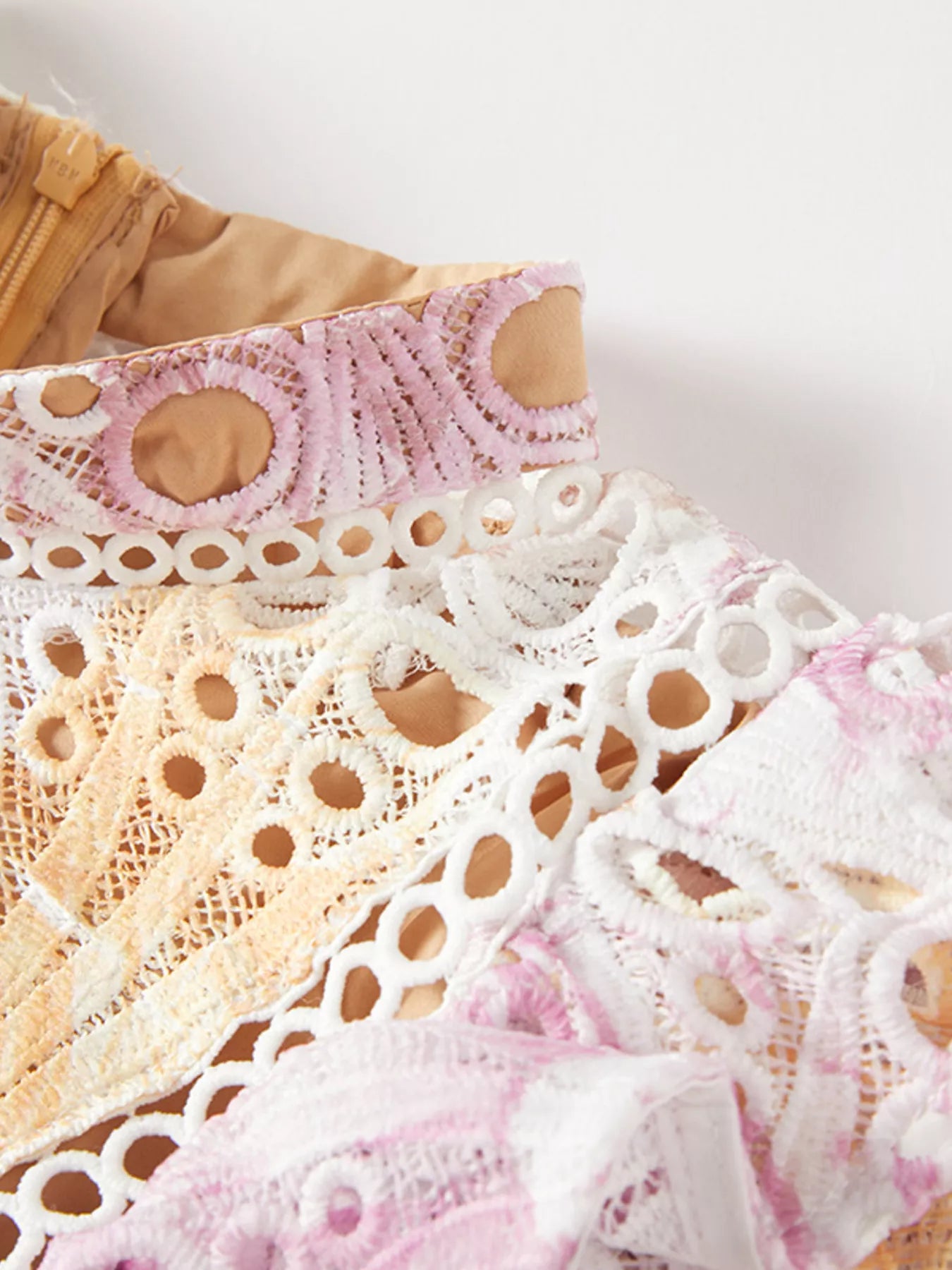 NEWYORKLISTED STYLE COLLECTION: Close-up of pink, white, and beige lace fabric on a wooden surface.