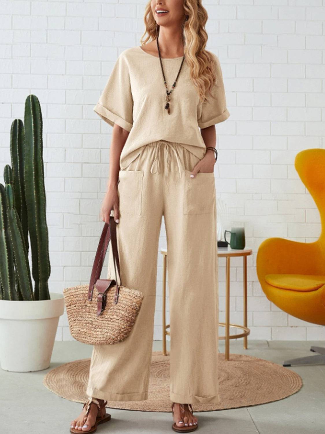 NYLD: Round Neck Half Sleeve Top and Pocketed Pants Set - NEWYORKLISTED