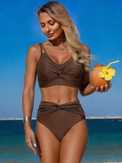 NEWYORKLISTED EDEN COLLECTION: Twist Front High Waisted Swim Set – Ruched Two-Piece Swimsuit in brown