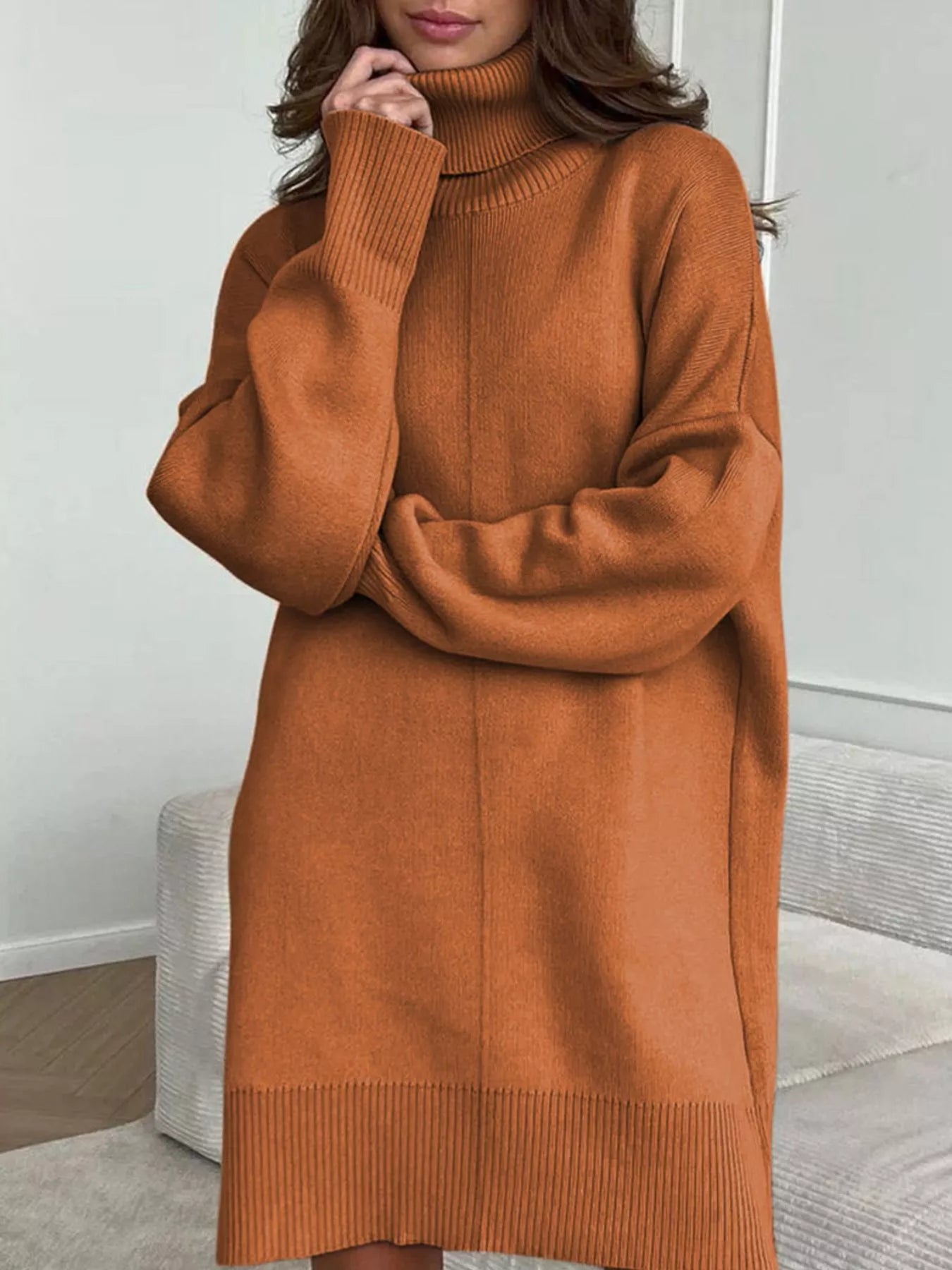 NEWYORKLISTED STYLE COLLECTION: Solid Color Turtleneck Drop Shoulder Sweater Dress