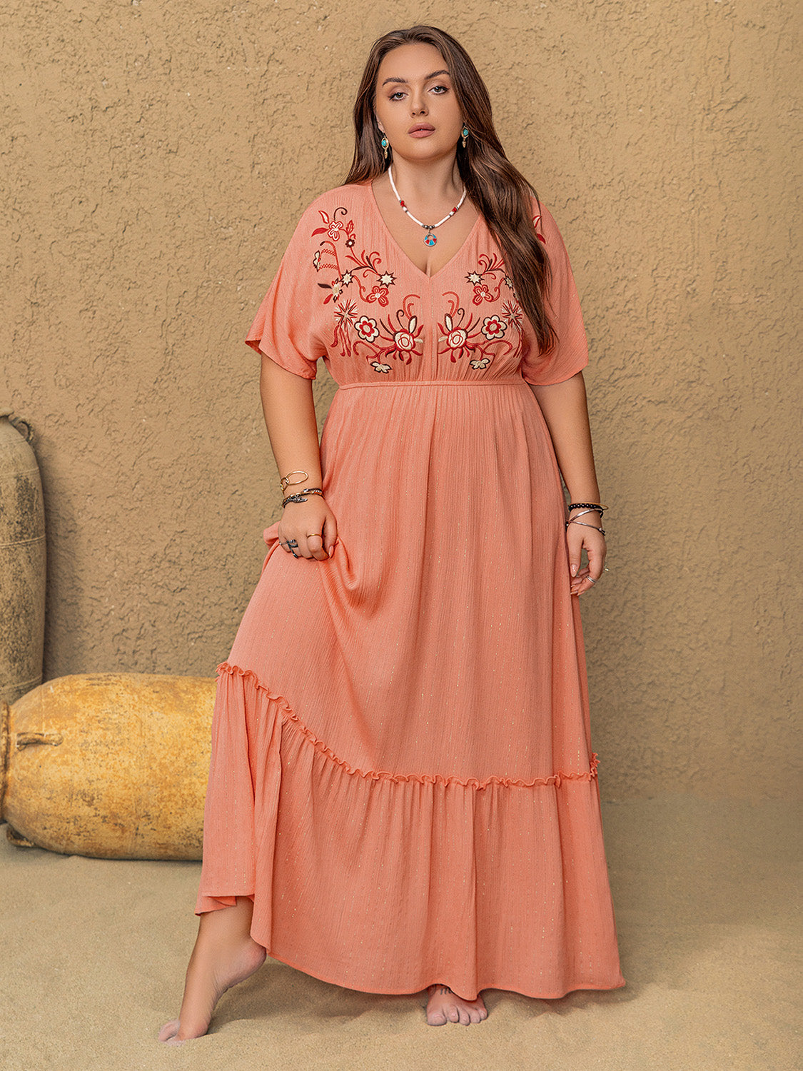 NEWYORKLISTED STYLE COLLECTION: Plus Size Embroidered Half Sleeve Maxi Dress - NEWYORKLISTED