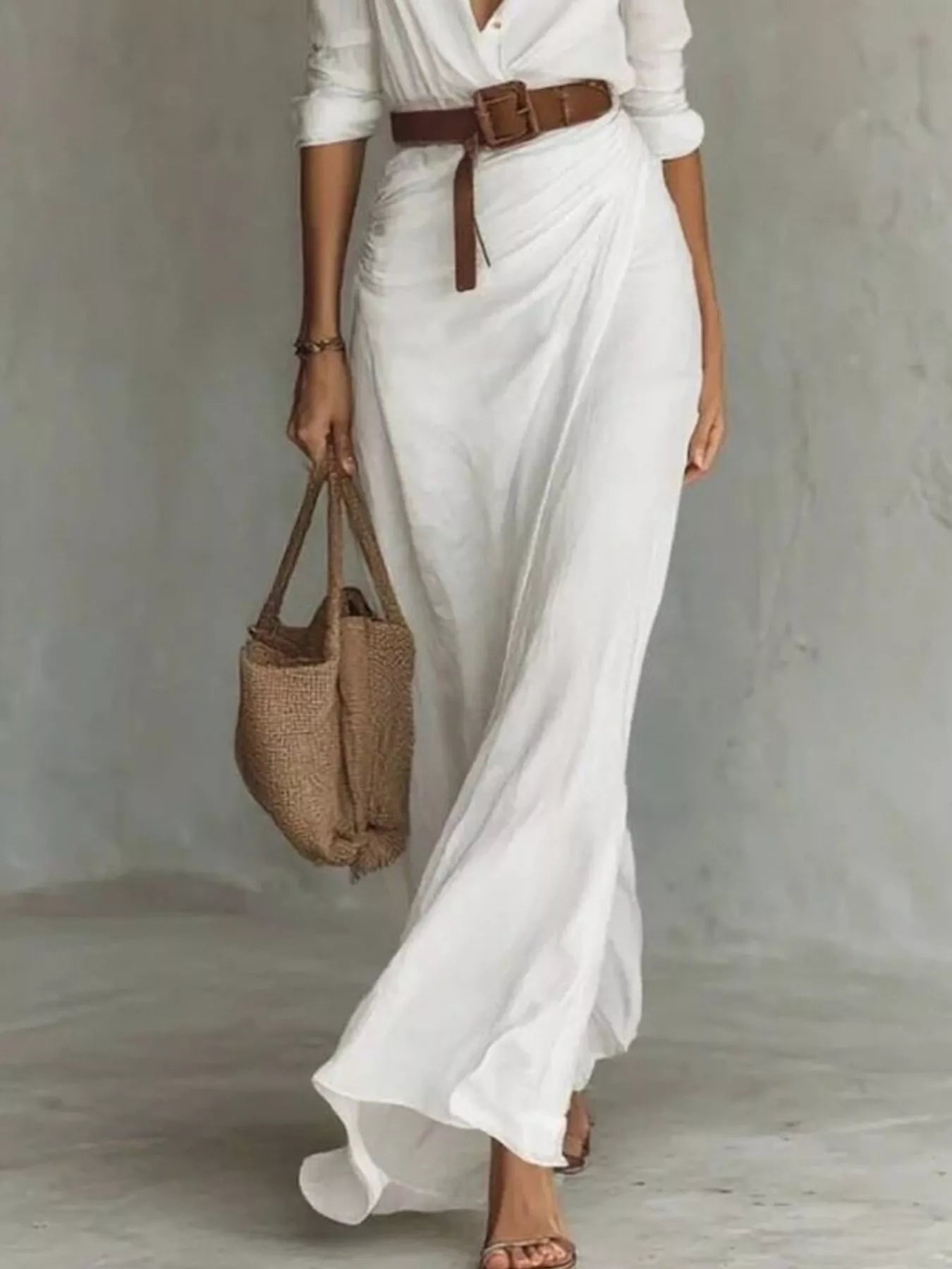 Ruched long sleeve maxi dress in white NEWYORKLISTED STYLE COLLECTION