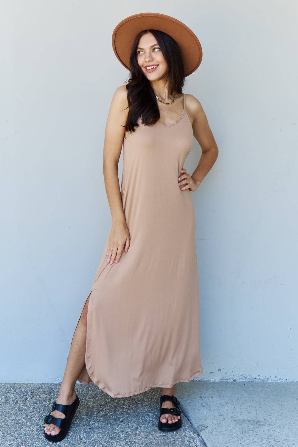 NYLD Full Size Cami Side Slit Maxi Dress in Camel - NEWYORKLISTED