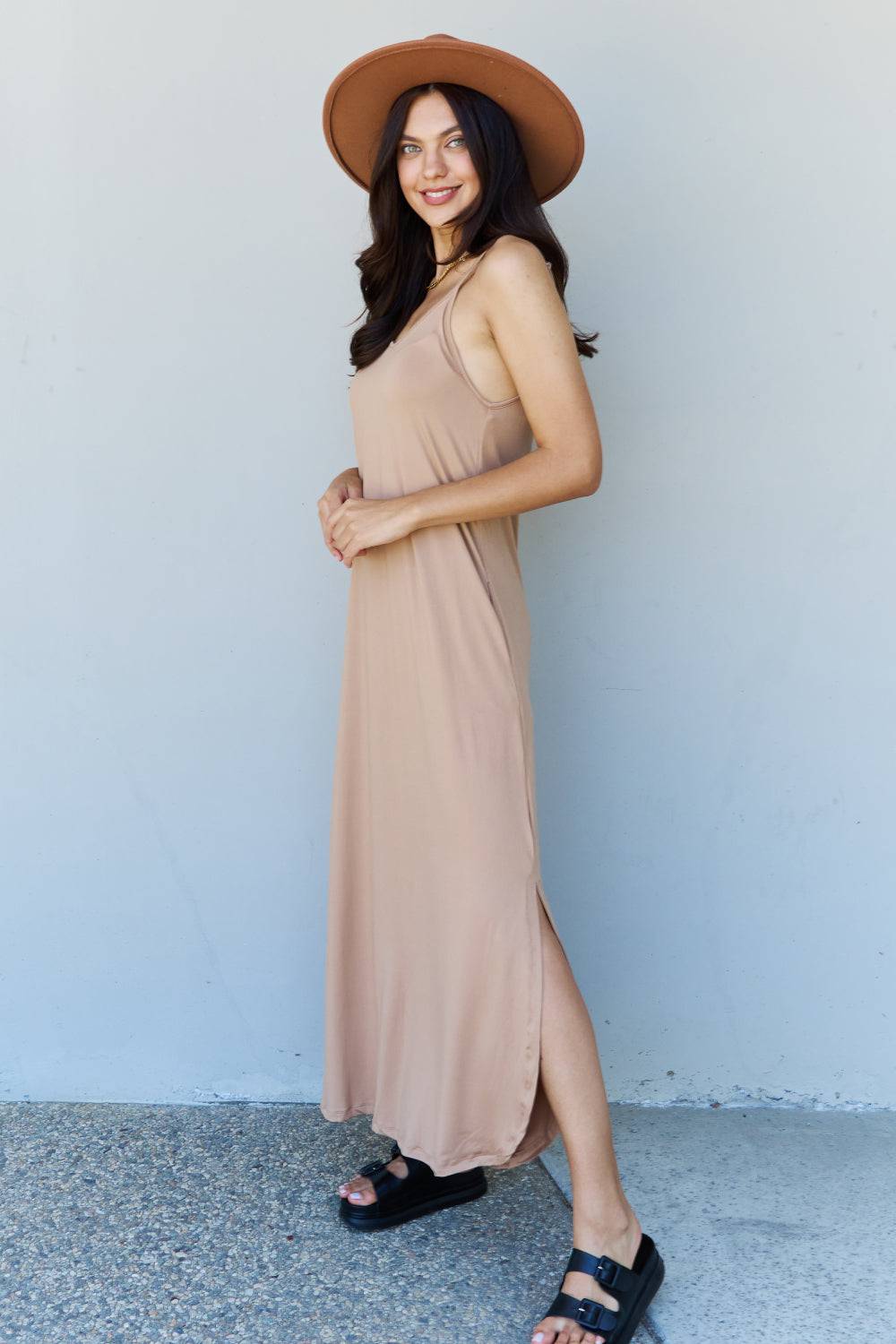 NYLD Full Size Cami Side Slit Maxi Dress in Camel - NEWYORKLISTED