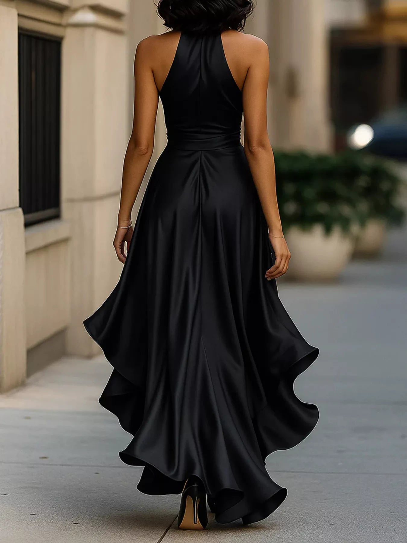 NEWYORKLISTED STYLE COLLECTION: Woman wearing a black halter neck gown walking on a sidewalk.