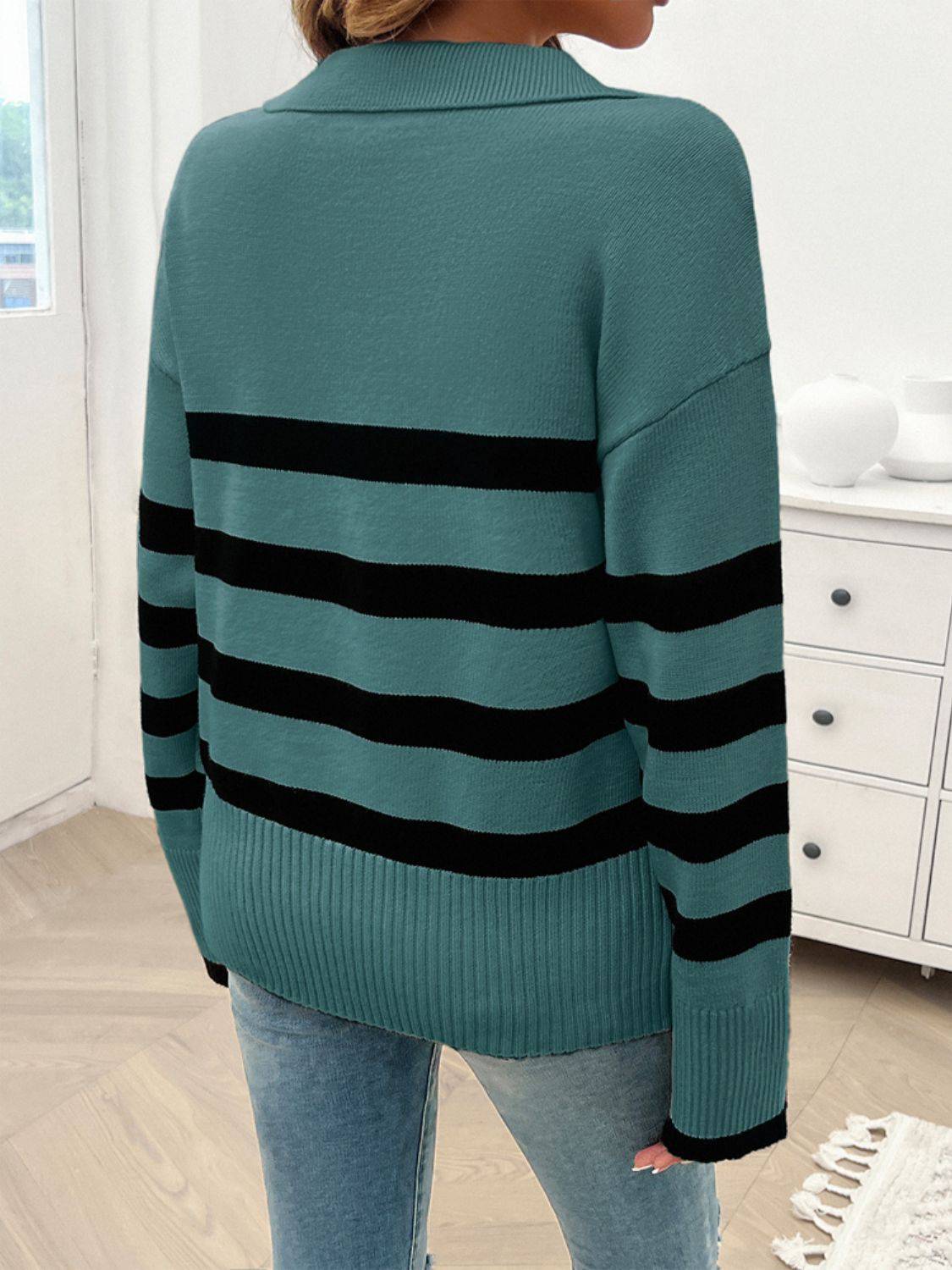 NYLD Striped Collared Neck Long Sleeve Sweater - NEWYORKLISTED