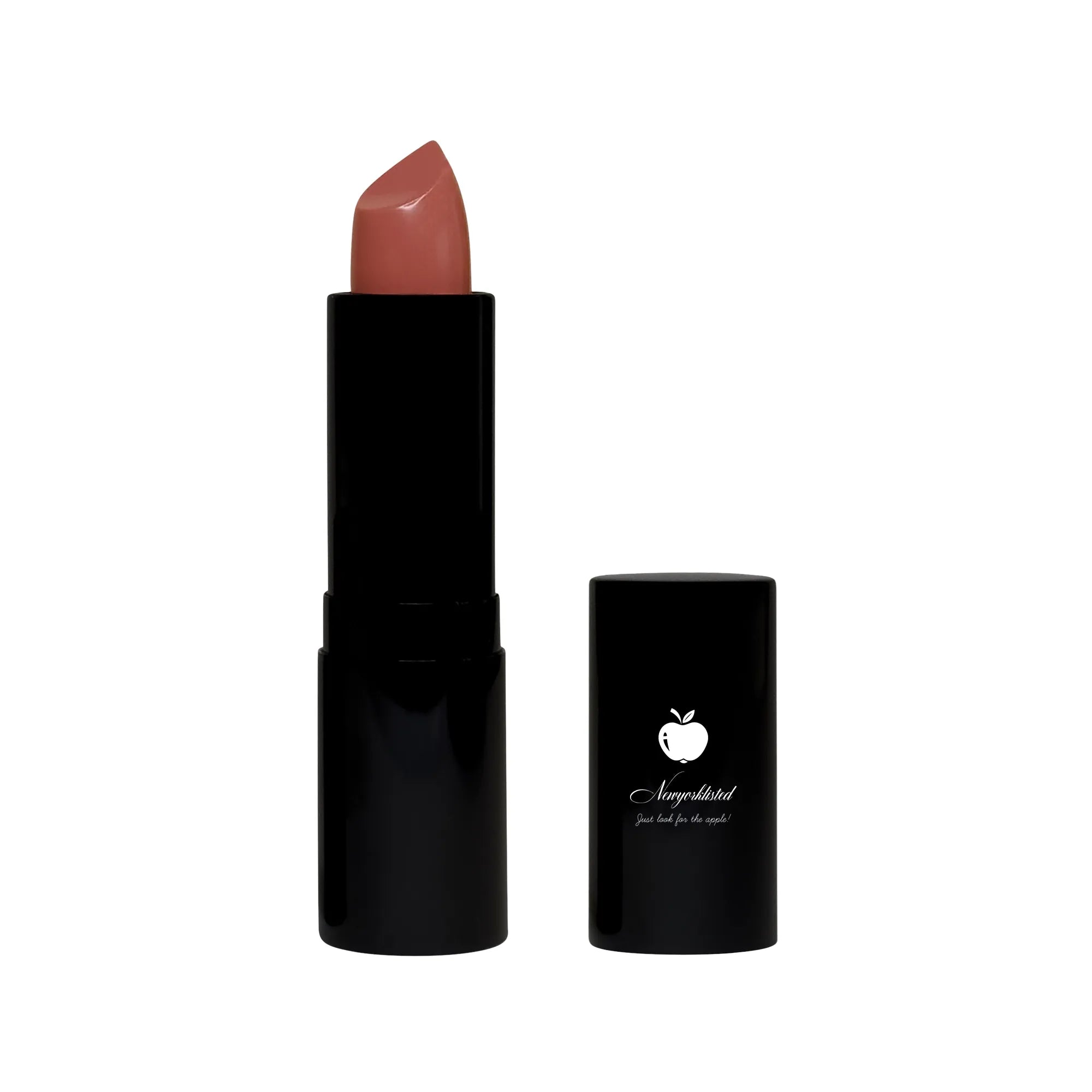 NEWYORKLISTED COSMETIC COLLECTION Luxury Matte Lipstick – Chloe, a soft rose matte lipstick in a sleek black-and-gold case displayed on a white background.