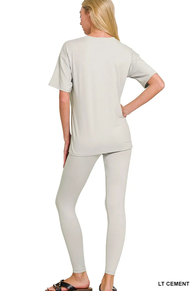 NEWYORKLISTED COMFORT COLLECTION: Microfiber Short Sleeve Loungewear, model wearing a light gray t-shirt and leggings on a white background