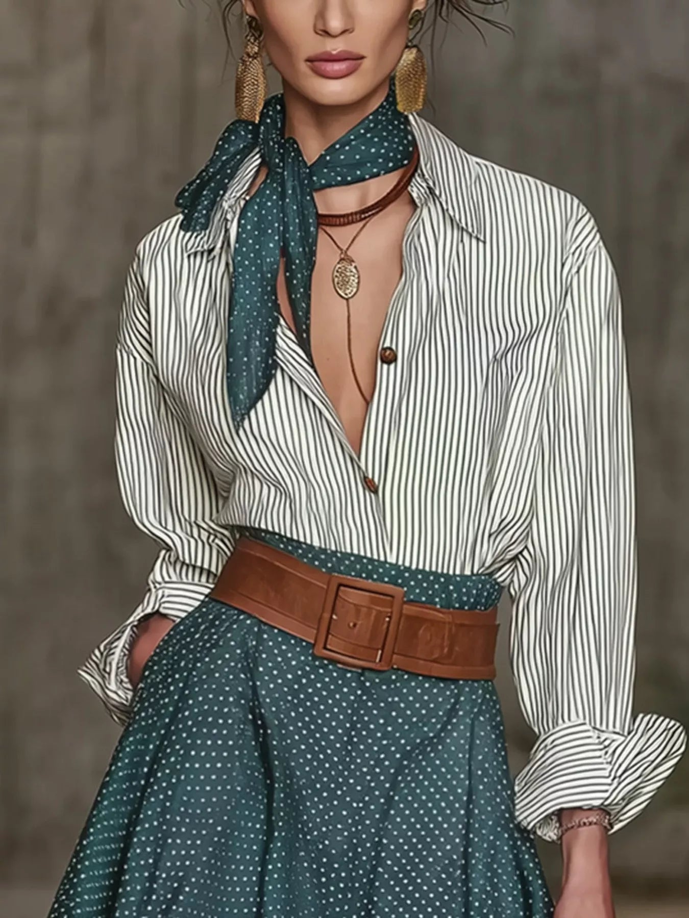 NEWYORKLISTED STYLE COLLECTION: A woman models a white and green vertically striped button-down shirt paired with a matching green polka-dot skirt, a brown leather belt, and a green polka-dot neck scarf.