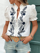 NEWYORKLISTED STYLE COLLECTION: Embroidered Frill Notched Short Sleeve Blouse