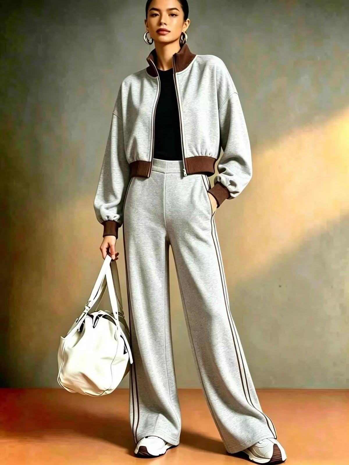 NEWYORKLISTED STYLE COLLECTION:  A model stands in a studio wearing a light gray two-piece tracksuit with brown ribbed trim, including a cropped zip-up jacket and matching wide-leg sweatpants. She holds a white handbag against a textured warm gray background.