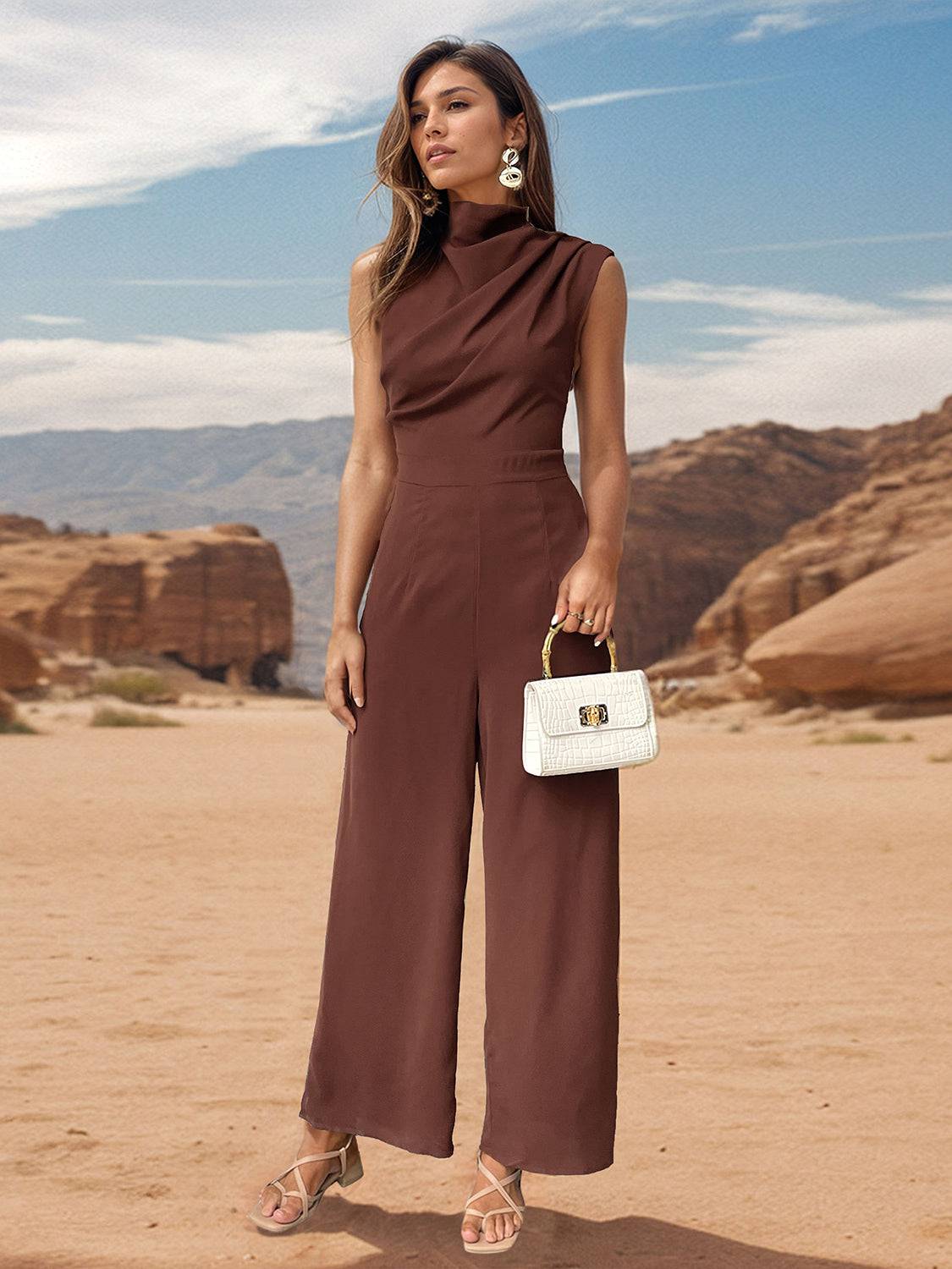 Perfee Ruched Mock Neck Sleeveless Jumpsuit - NEWYORKLISTED