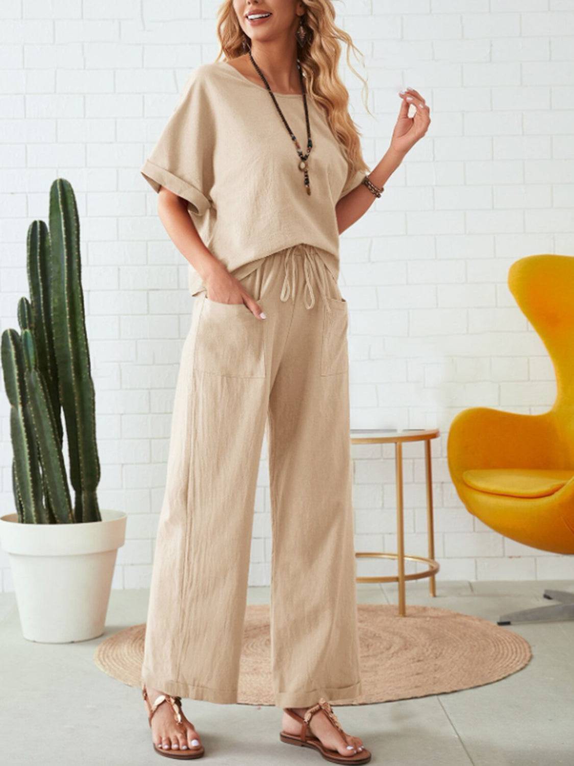 NYLD: Round Neck Half Sleeve Top and Pocketed Pants Set - NEWYORKLISTED