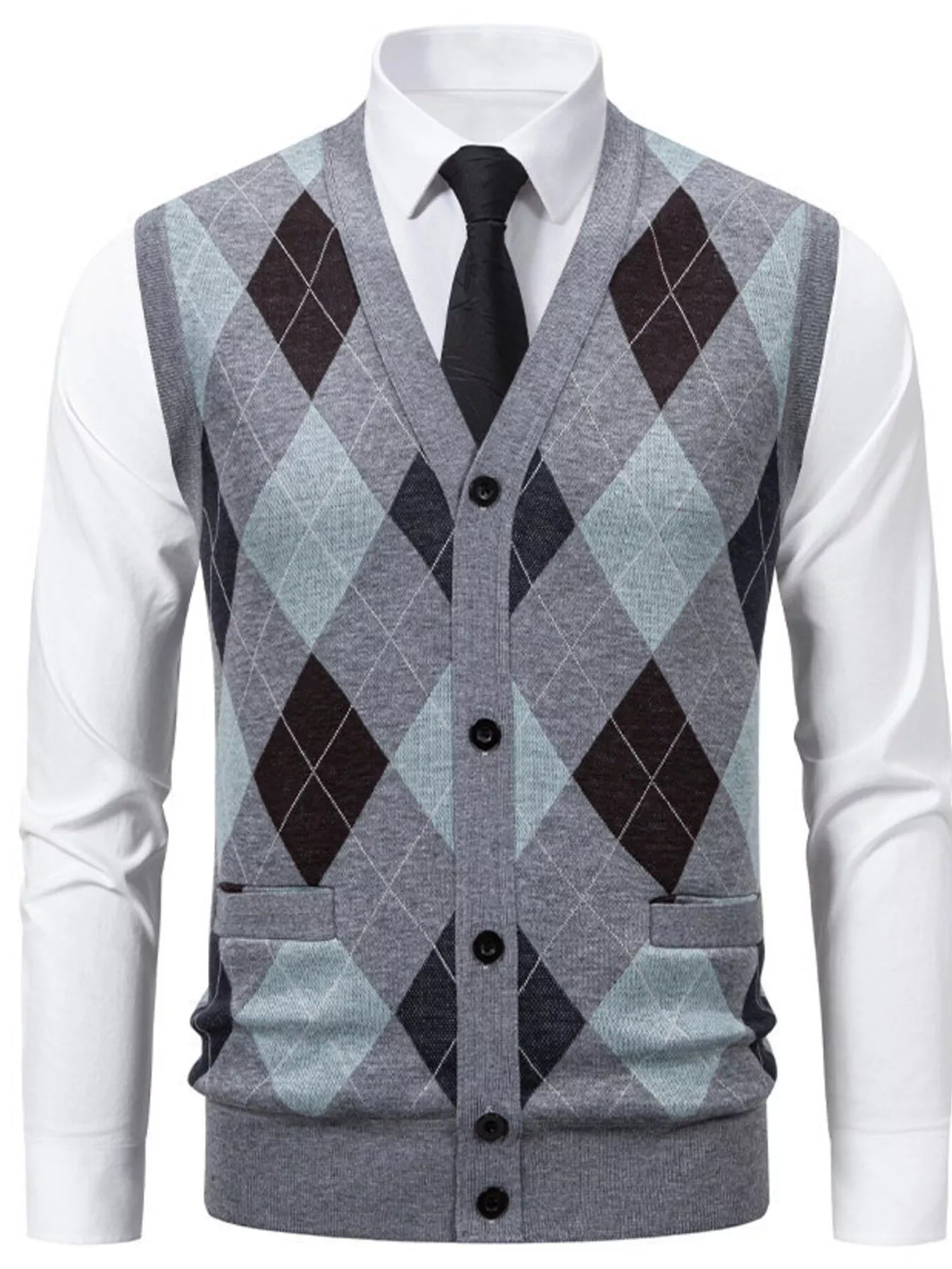 NEWYORKLISTED ATLAS MEN'S COLLECTION – Men's argyle V-neck button-down cardigan vest, product image 6