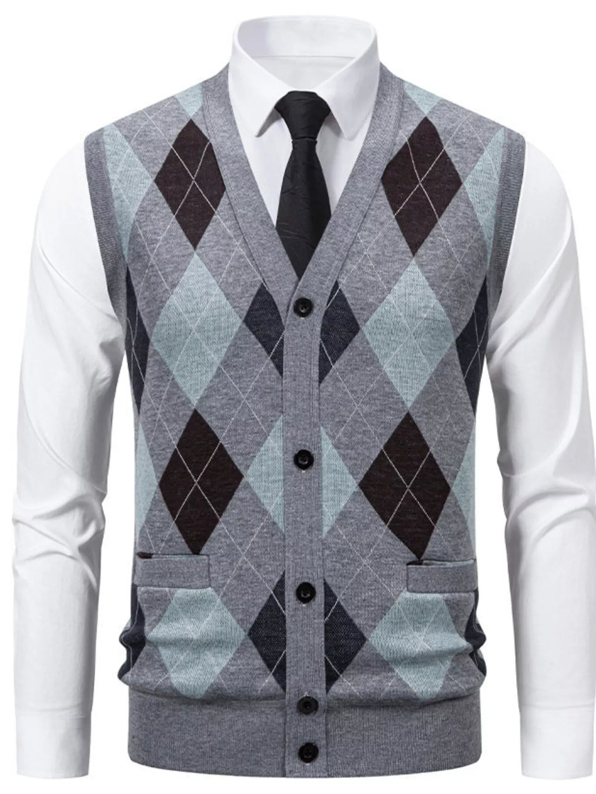 NEWYORKLISTED ATLAS MEN'S COLLECTION – Men's argyle V-neck button-down cardigan vest, product image 6