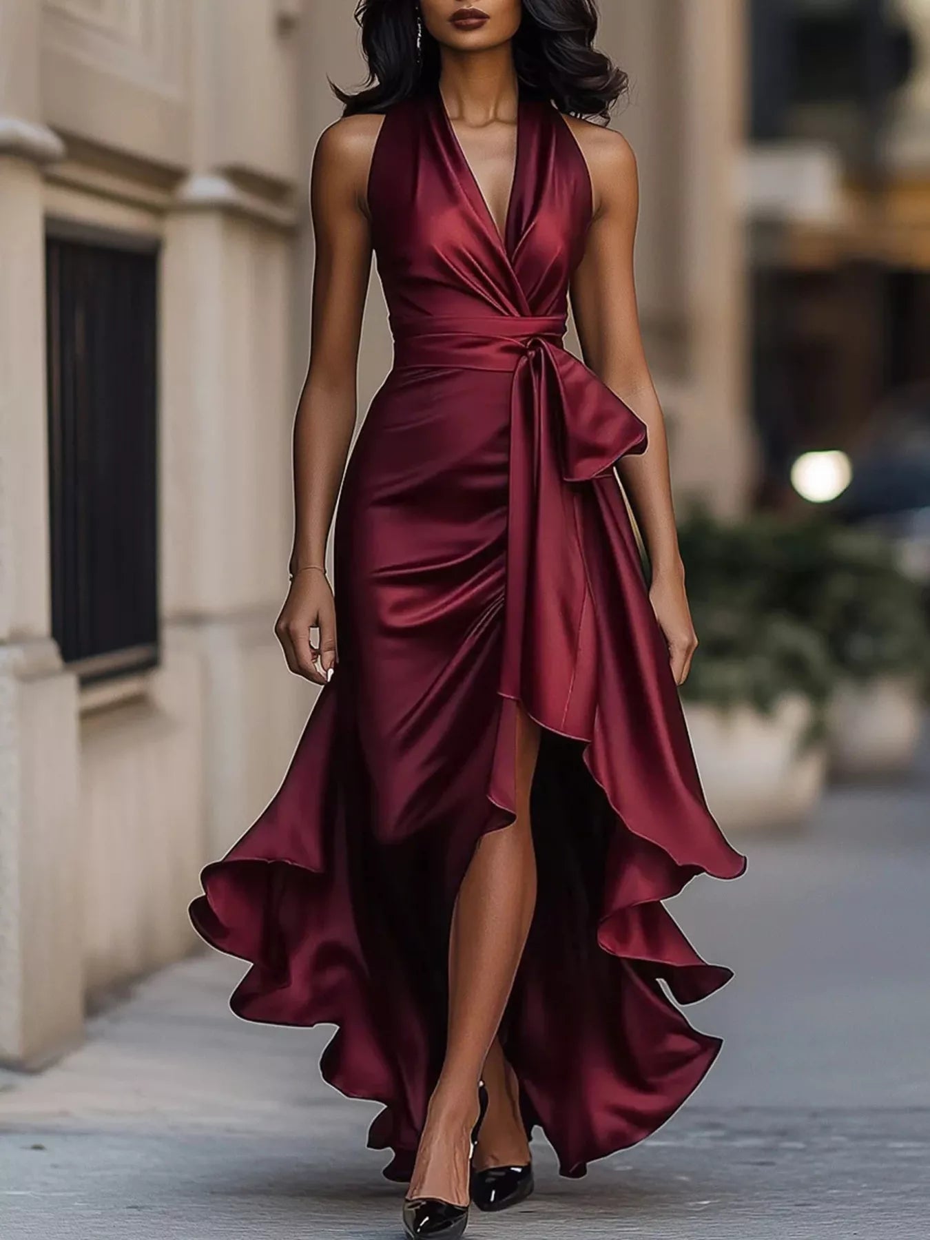 NEWYORKLISTED STYLE COLLECTION: Woman wearing a burgundy halter neck dress with a high slit on a city street.