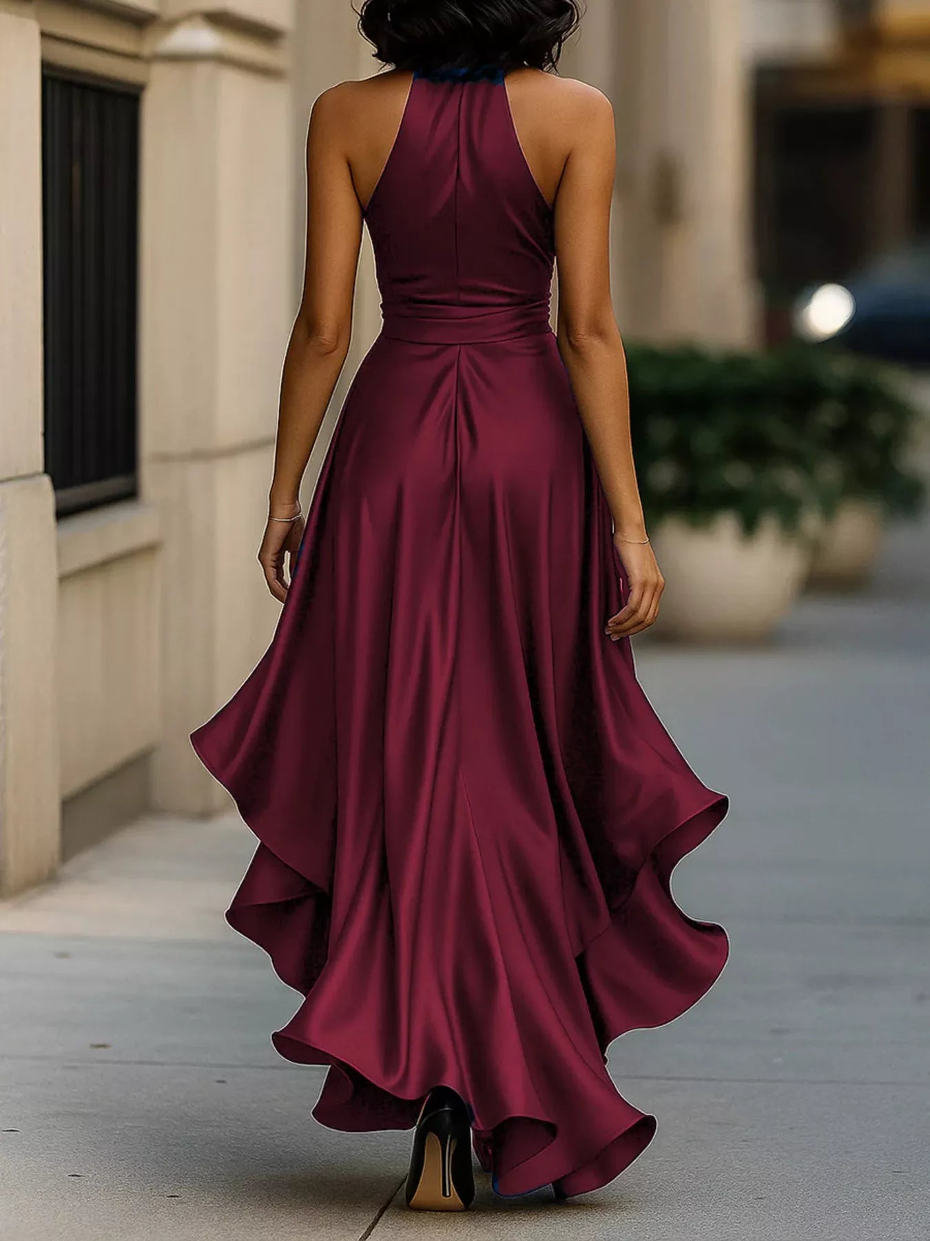 NEWYORKLISTED STYLE COLLECTION: Woman wearing a burgundy evening gown walking on a city street.