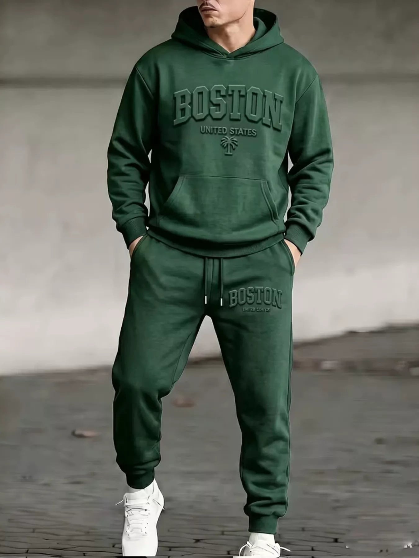 NEWYORKLISTED ATLAS MEN'S COLLECTION: Men's green Boston hoodie and jogger pants set, model wearing set