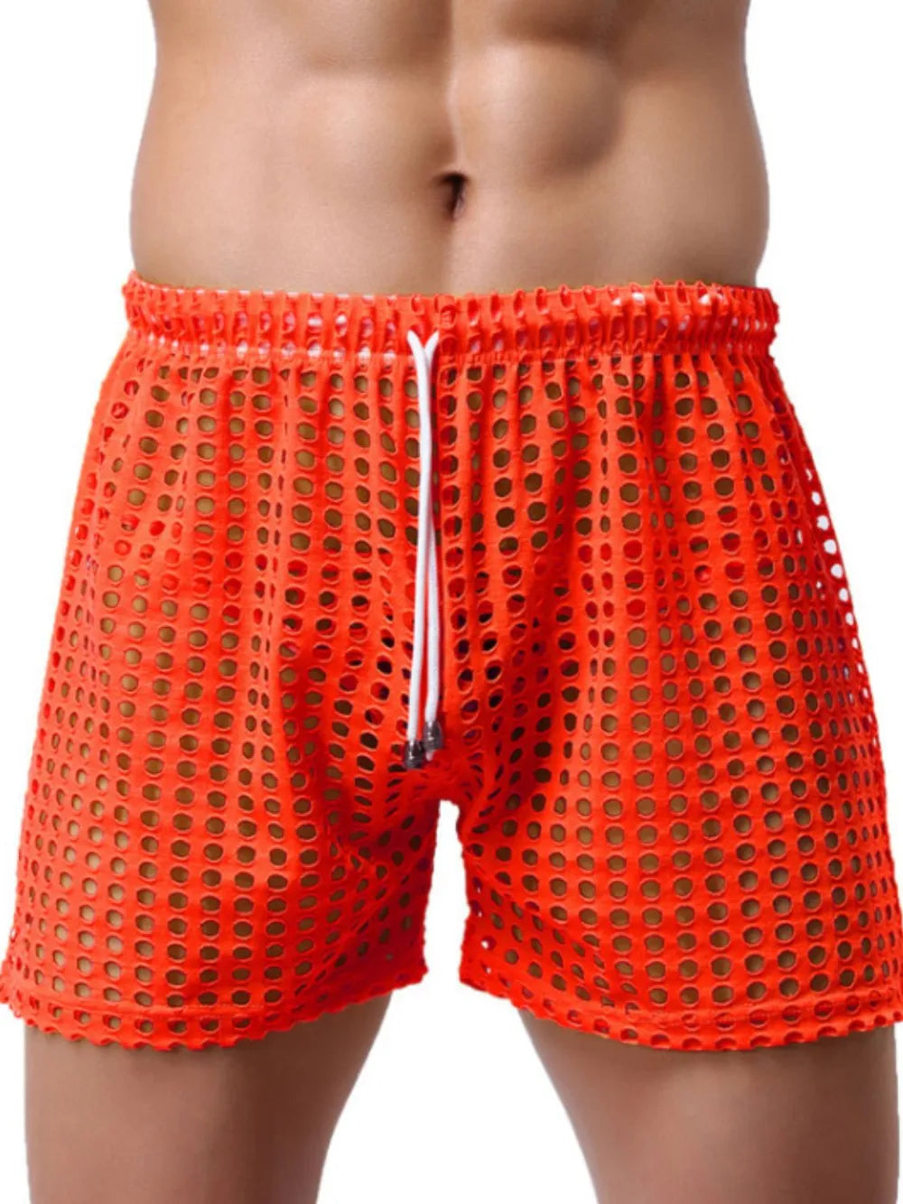 NEWYORKLISTED ATLAS MEN'S COLLECTION: Red mesh swim shorts worn by a person on a white background