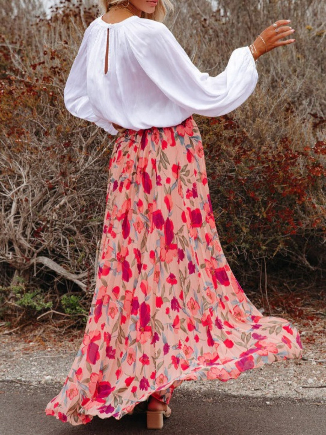 Printed Elastic Waist Pleated Maxi Skirt - NEWYORKLISTED