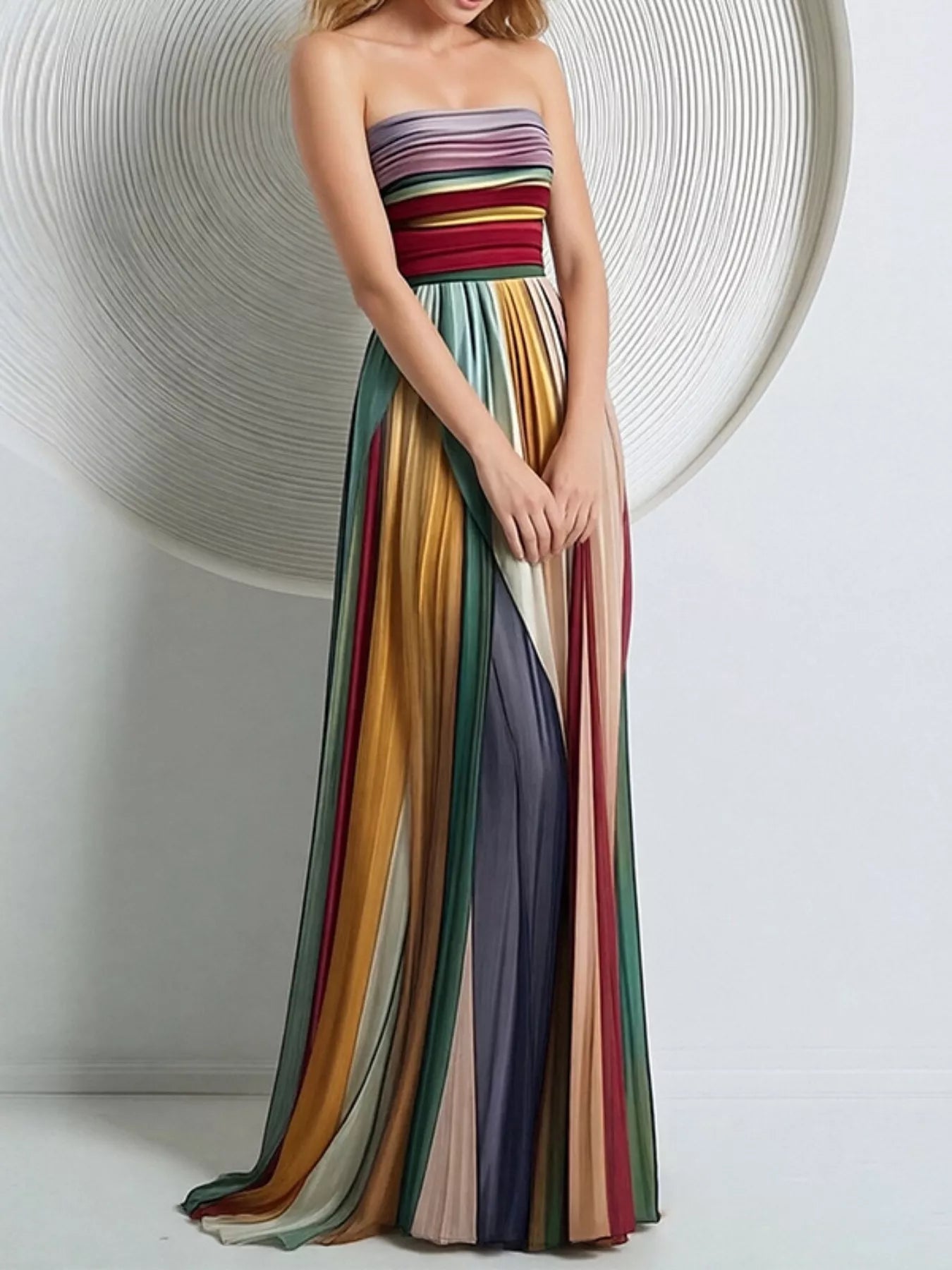 NEWYORKLISTED STYLE COLLECTION: Multicolored strapless gown on a white background