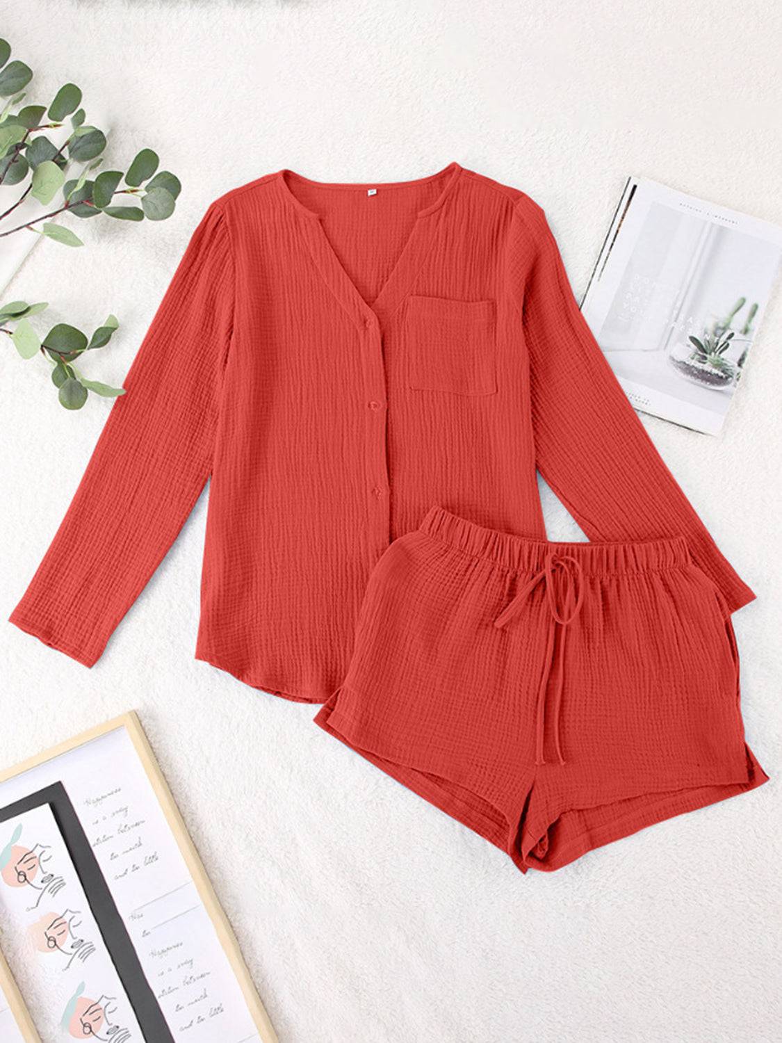 NYLD: Notched Long Sleeve Top and Shorts Set - NEWYORKLISTED