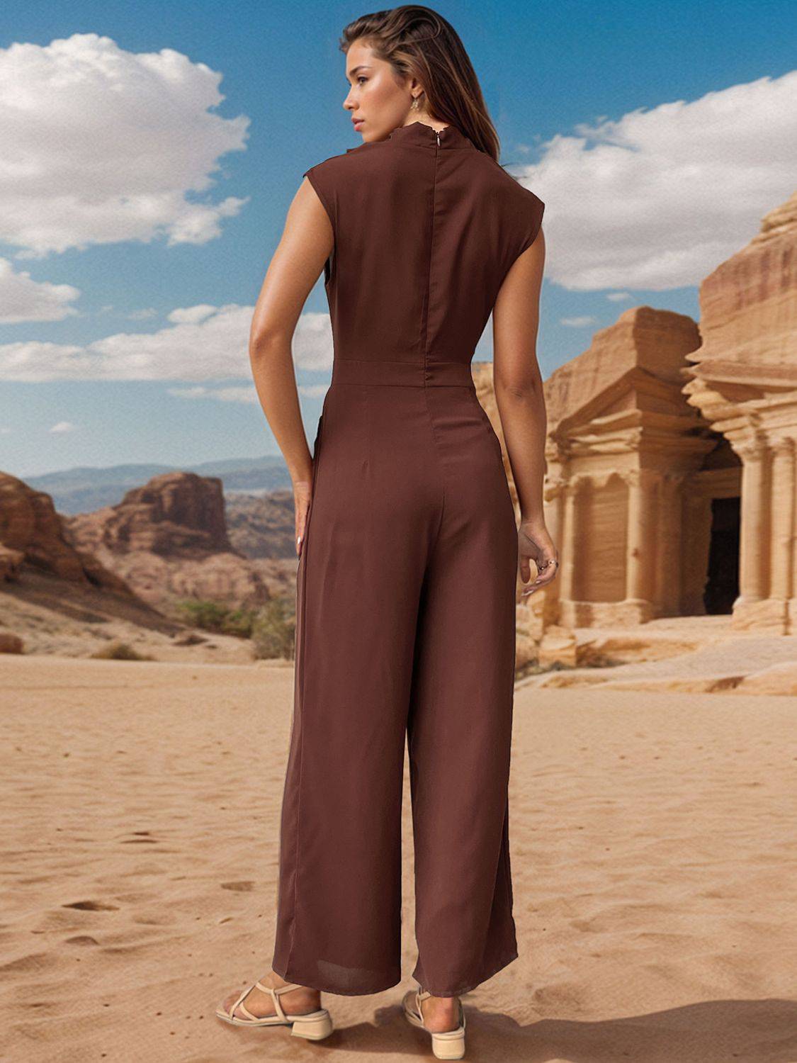 Perfee Ruched Mock Neck Sleeveless Jumpsuit - NEWYORKLISTED