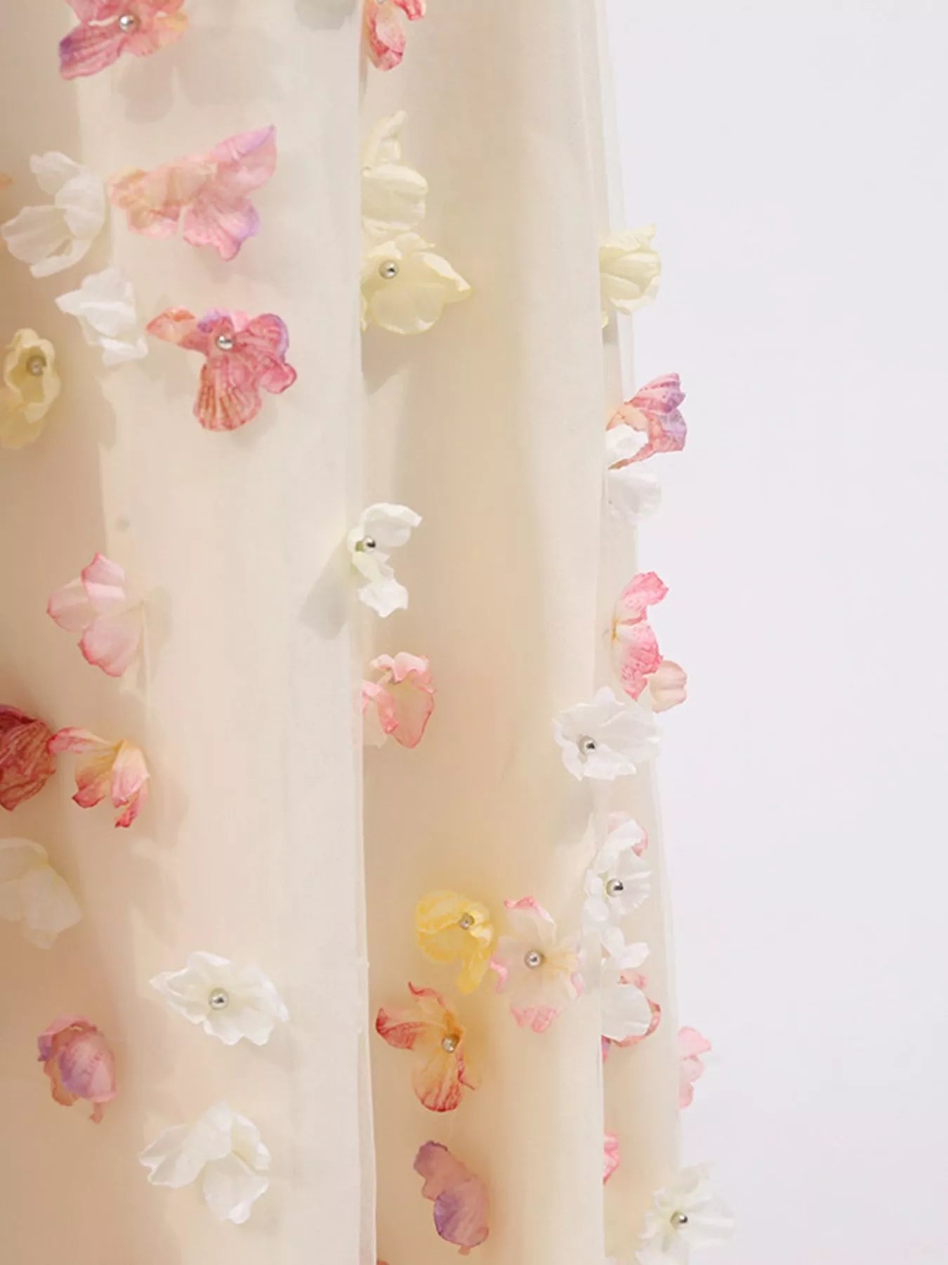 NEWYORKLISTED STYLE COLLECTION: Floral-patterned fabric with pink, yellow, and white flowers on a light background